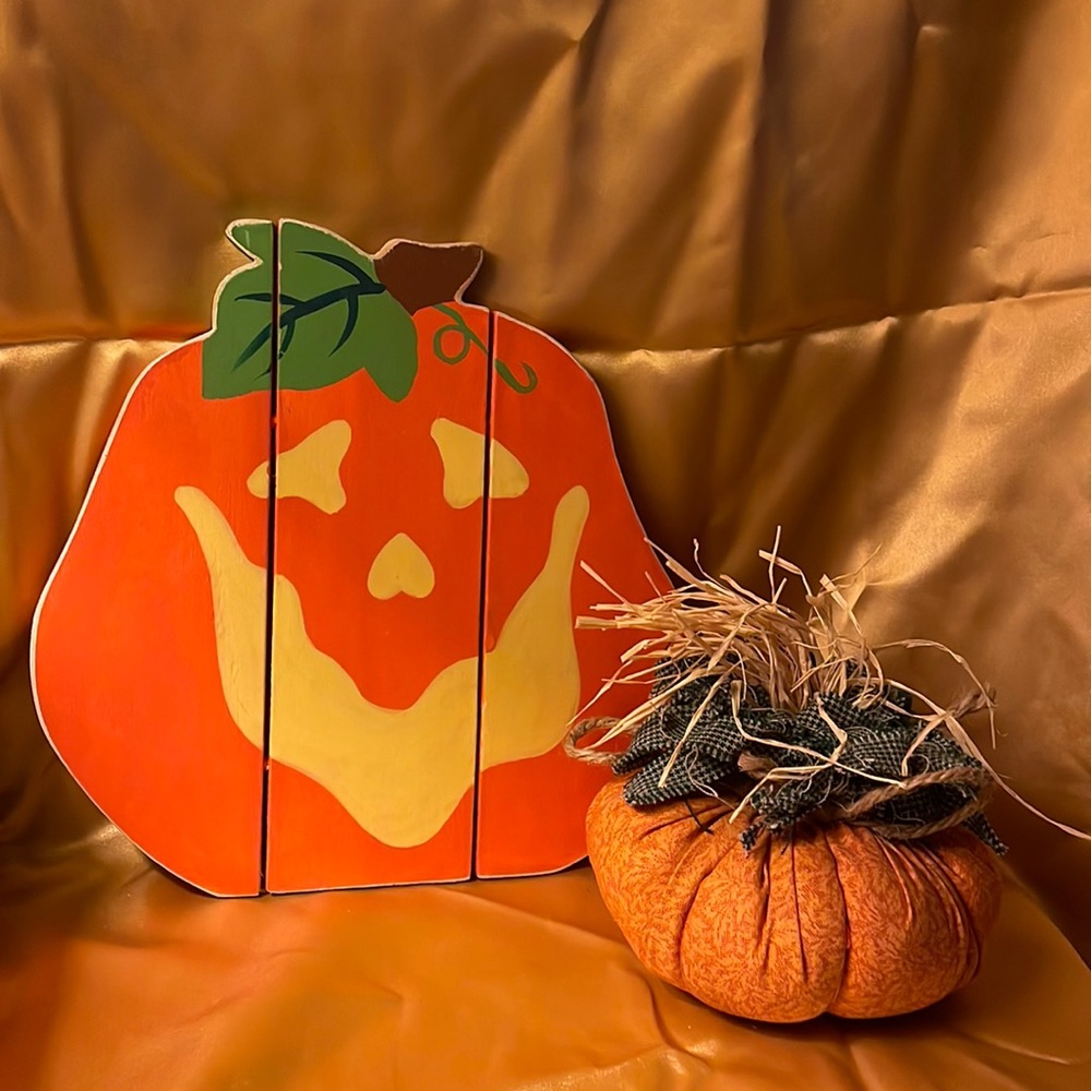 Hand painted wooden pumpkin & fabric pumpkin with twine & raffia-decor